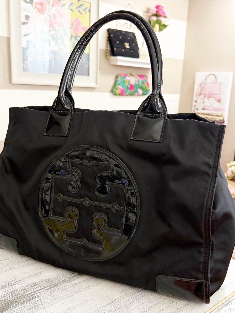 Tory Burch Ella Black Patent Logo nylon Tote